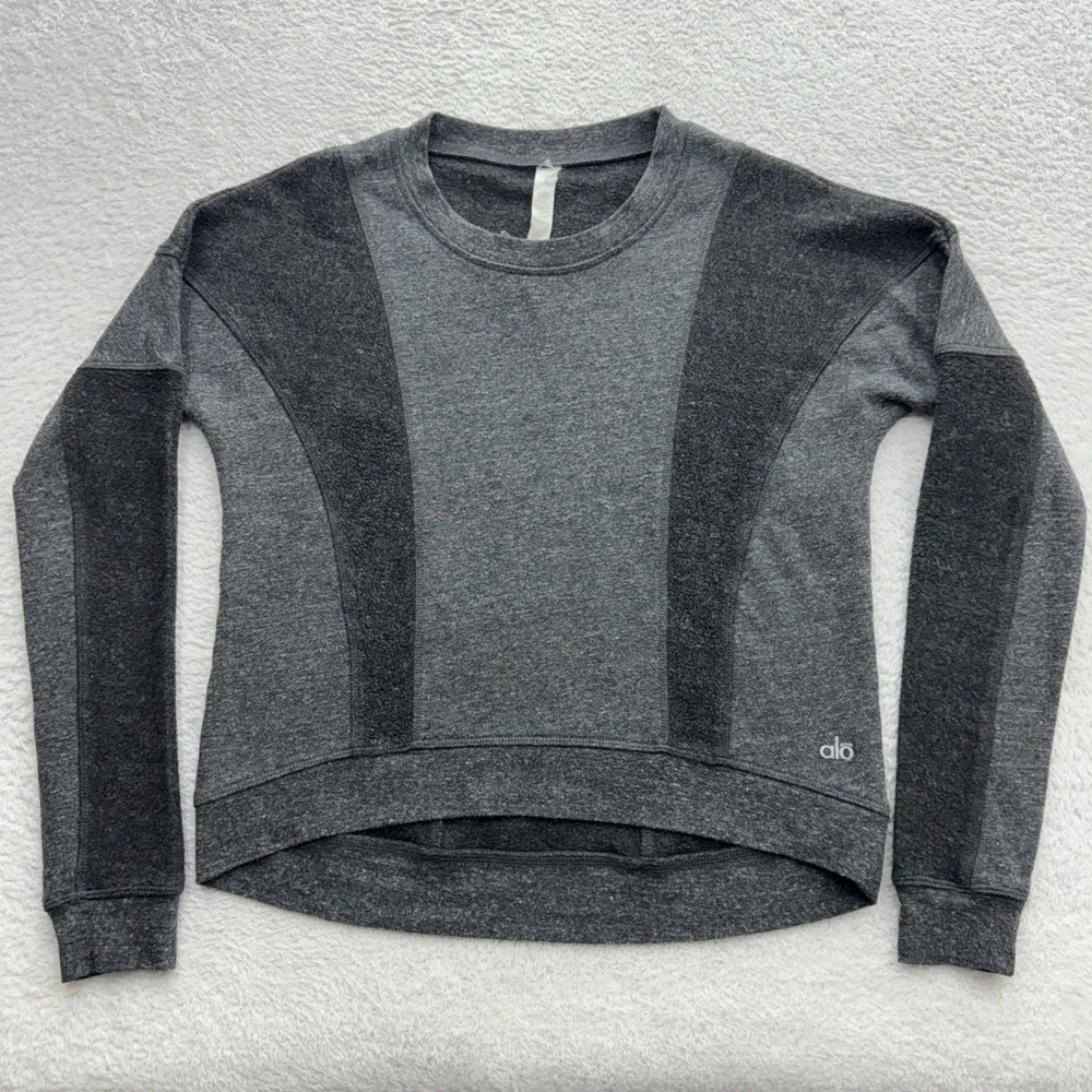 Alo Yoga Women Gray Heather Colorblock‎ Fleece Lined Crewneck Sweatshirt Small